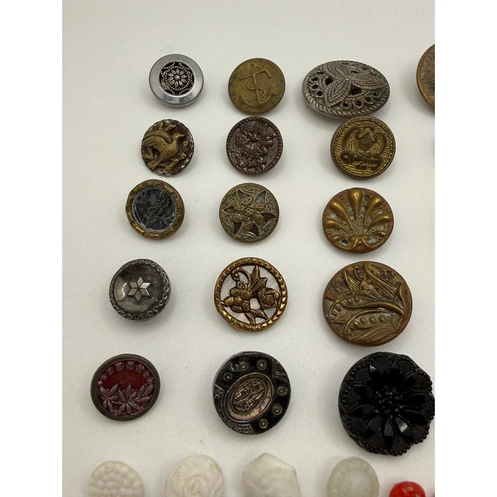 Vintage and Antique Button Lot Mixed Materials Brass Glass Military 60+ Pieces
